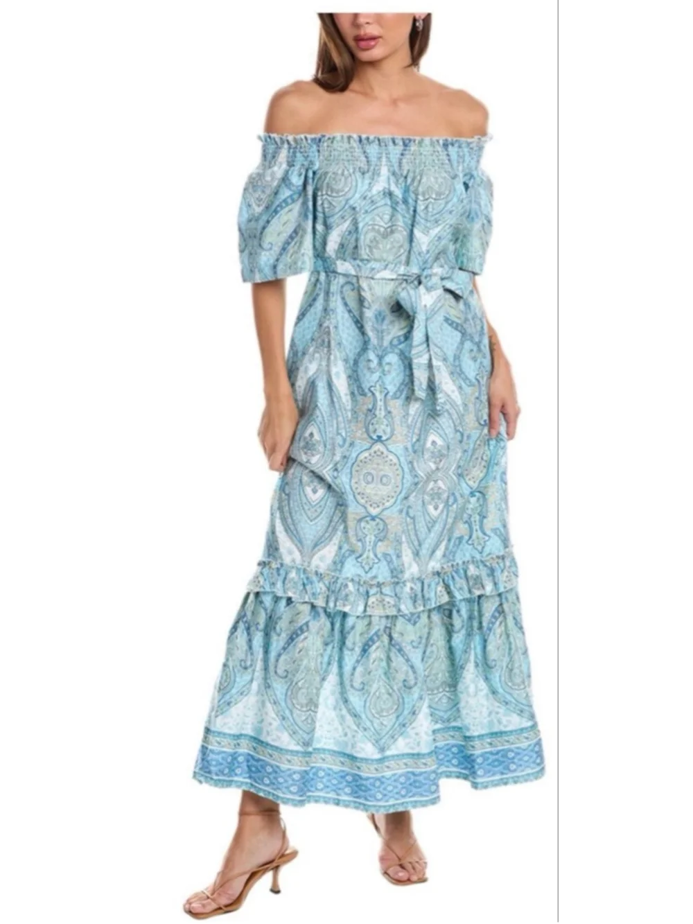 NWT Tyler Boe Blue White Paisley Off-Shoulder Erin Maxi Dress S